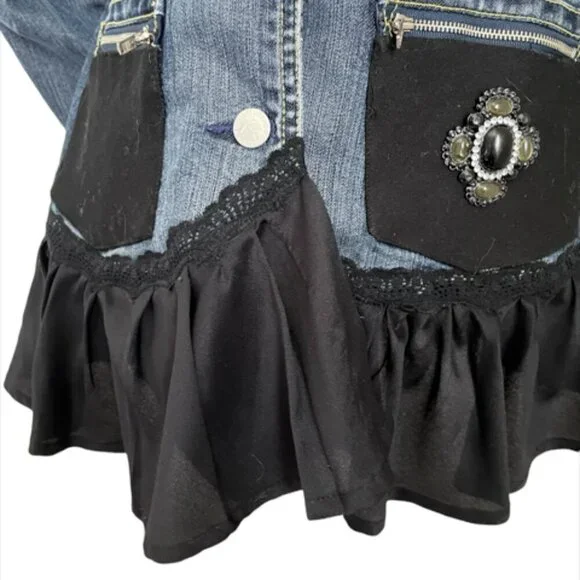 ☆ OOAK Refashioned Reworked Black Denim Steampunk Renaissance Jean Jacket Coat - Picture 3 of 11